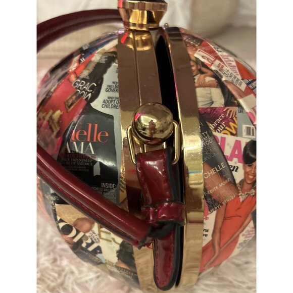 Michelle Obama Collage Round Handbag With Red Handle & Gold Accents - Statement - Picture 9 of 16